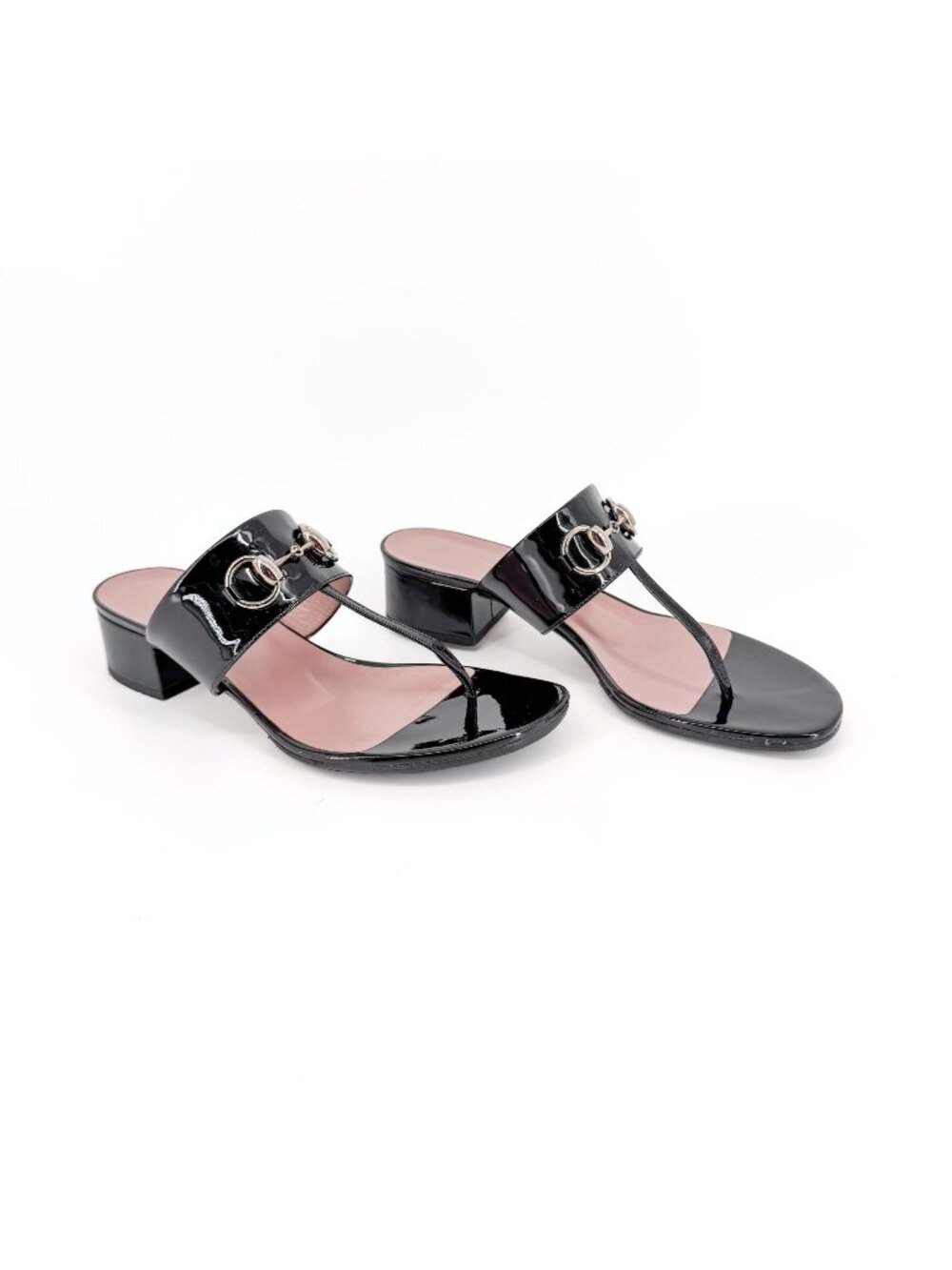 Gucci Lilane Horsebit Thong Sandals Block Heel Black Patent Size 37 US 7 Women's